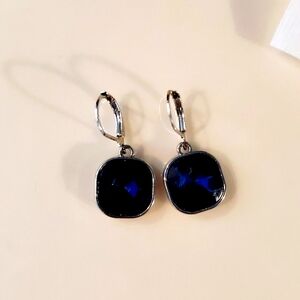 Monet Sapphire Blue Silver Tone Lever Back Earrings